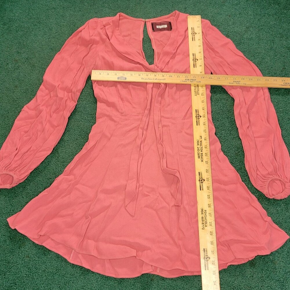 Reformation Women Dress Sz 6 Coral Pink Long-Sleeve Mini Flowy Skirt Tie Front - Picture 6 of 11